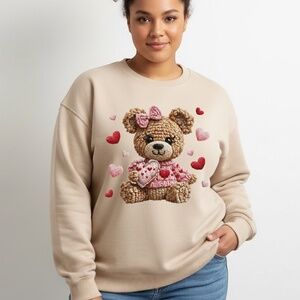 Valentine's Day Sweatshirt Bear hearts Faux Crochet Sand New S M L XL Cute soft